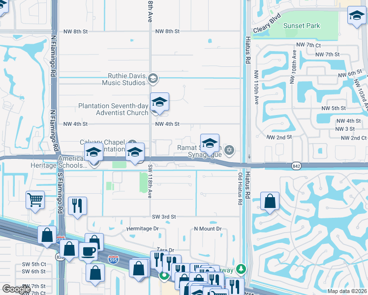 map of restaurants, bars, coffee shops, grocery stores, and more near 401 Northwest 2nd Place in Plantation