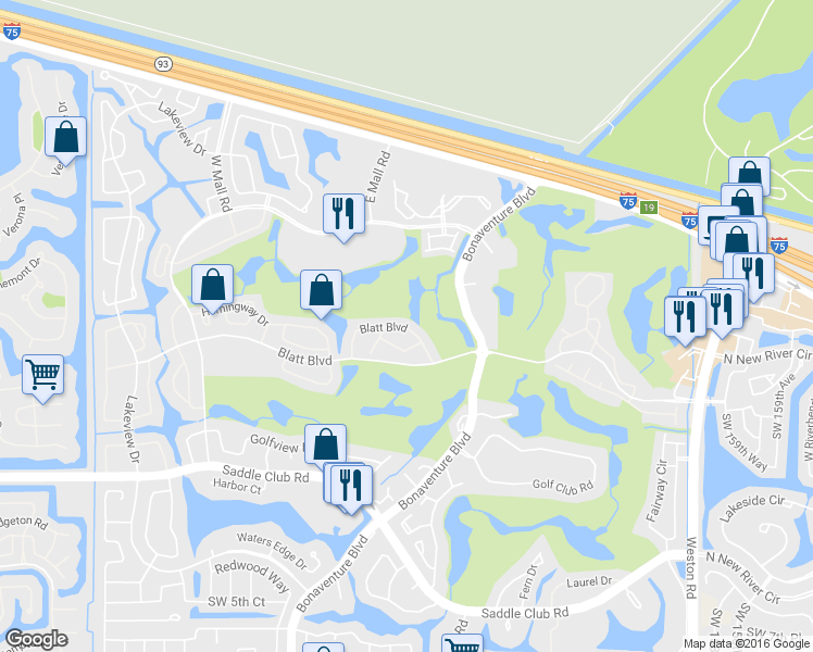 map of restaurants, bars, coffee shops, grocery stores, and more near 16511 Blatt Boulevard in Weston