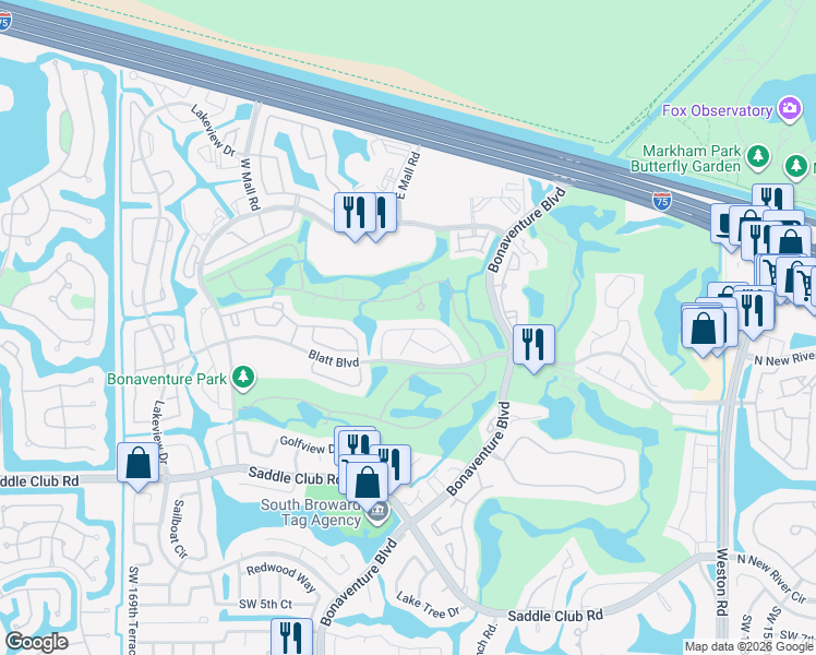 map of restaurants, bars, coffee shops, grocery stores, and more near 16511 Blatt Boulevard in Weston
