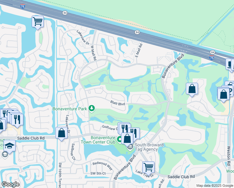 map of restaurants, bars, coffee shops, grocery stores, and more near 16663 Hemingway Drive in Weston