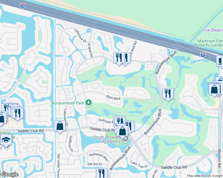 map of restaurants, bars, coffee shops, grocery stores, and more near 16663 Hemingway Drive in Weston