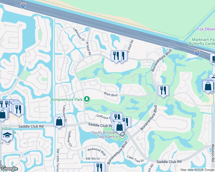map of restaurants, bars, coffee shops, grocery stores, and more near 16721 Hemingway Drive in Weston