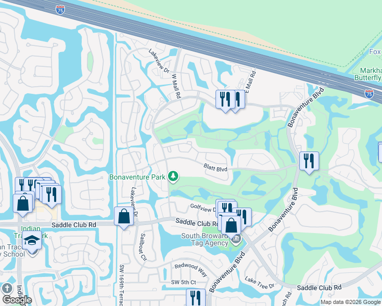 map of restaurants, bars, coffee shops, grocery stores, and more near 16738 Hemingway Drive in Weston