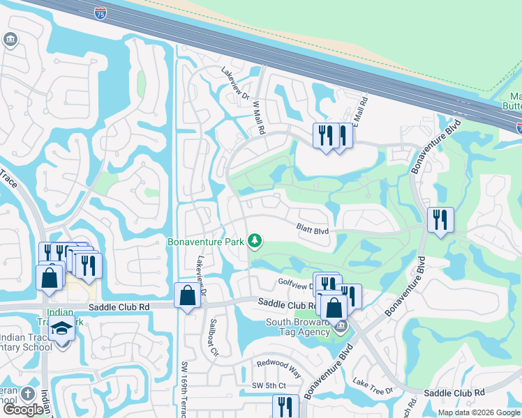 map of restaurants, bars, coffee shops, grocery stores, and more near 16738 Hemingway Drive in Weston