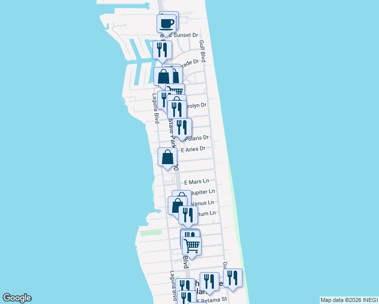 map of restaurants, bars, coffee shops, grocery stores, and more near 116 East Aries Drive in South Padre Island
