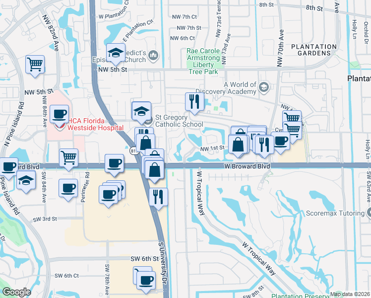 map of restaurants, bars, coffee shops, grocery stores, and more near 41 Northwest 75th Avenue in Plantation