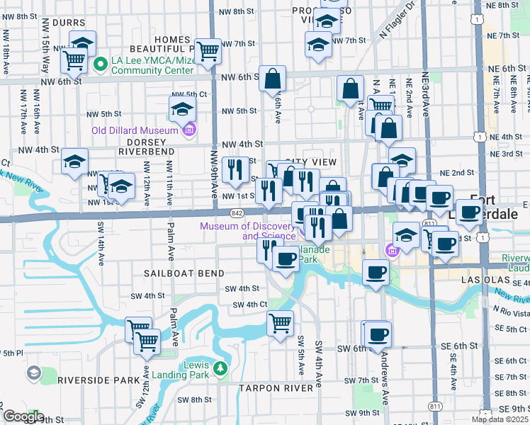 map of restaurants, bars, coffee shops, grocery stores, and more near W Broward Blvd & NW 7th Ave in Fort Lauderdale