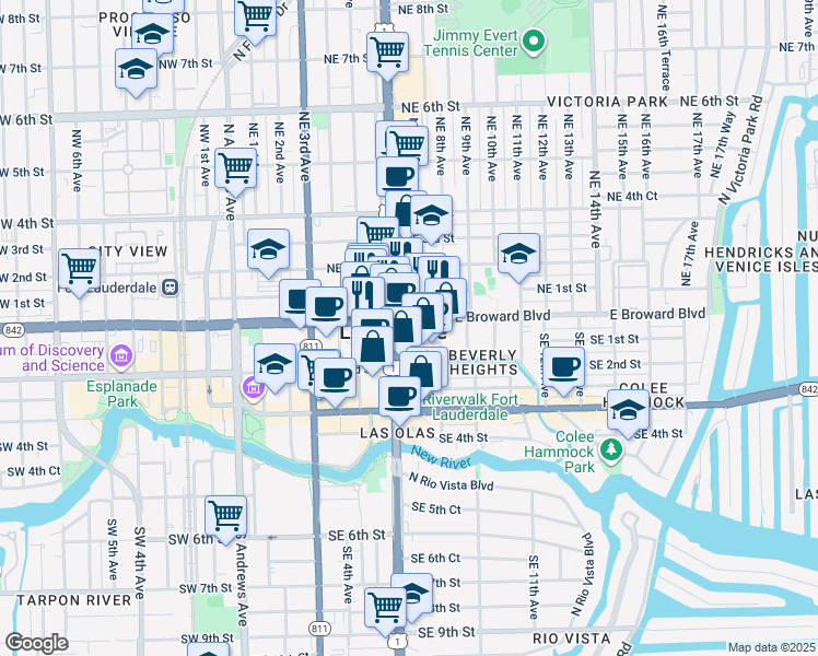 map of restaurants, bars, coffee shops, grocery stores, and more near 720 East Broward Boulevard in Fort Lauderdale