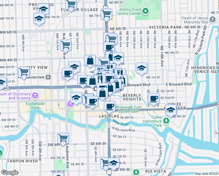map of restaurants, bars, coffee shops, grocery stores, and more near 10 South Federal Highway in Fort Lauderdale