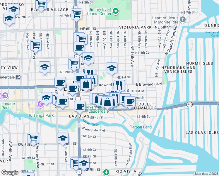map of restaurants, bars, coffee shops, grocery stores, and more near 1000 East Broward Boulevard in Fort Lauderdale