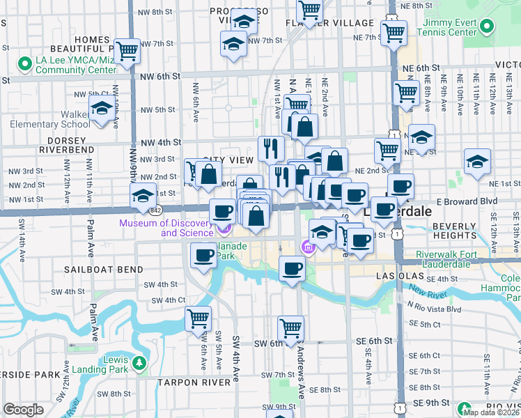 map of restaurants, bars, coffee shops, grocery stores, and more near 37 Northwest 1st Avenue in Fort Lauderdale