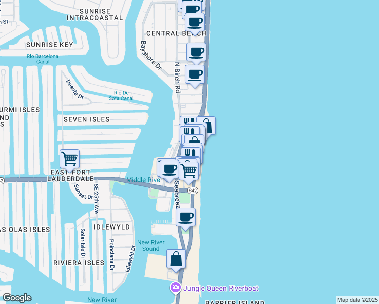 map of restaurants, bars, coffee shops, grocery stores, and more near 17 South Fort Lauderdale Beach Boulevard in Fort Lauderdale