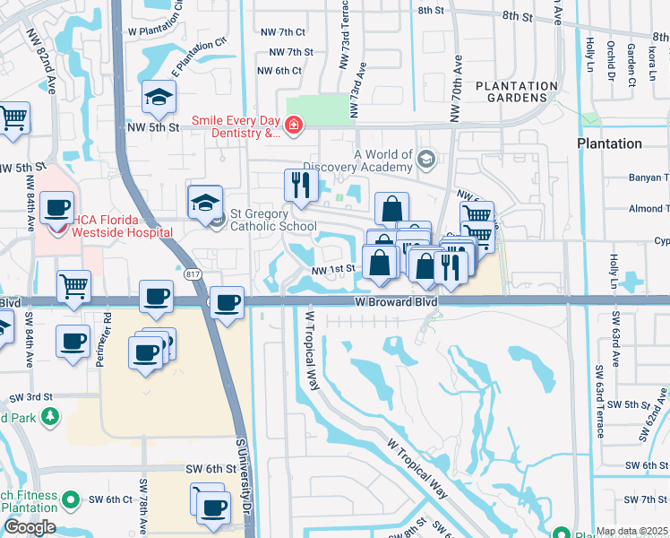 map of restaurants, bars, coffee shops, grocery stores, and more near 114 Northwest 73rd Avenue in Plantation