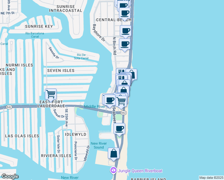 map of restaurants, bars, coffee shops, grocery stores, and more near 1 North Birch Road in Fort Lauderdale