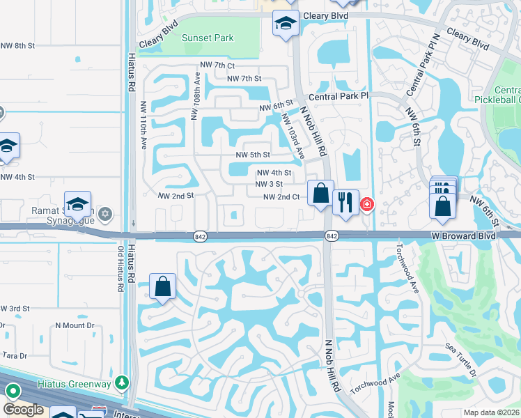 map of restaurants, bars, coffee shops, grocery stores, and more near 10496 Northwest 2nd Court in Plantation