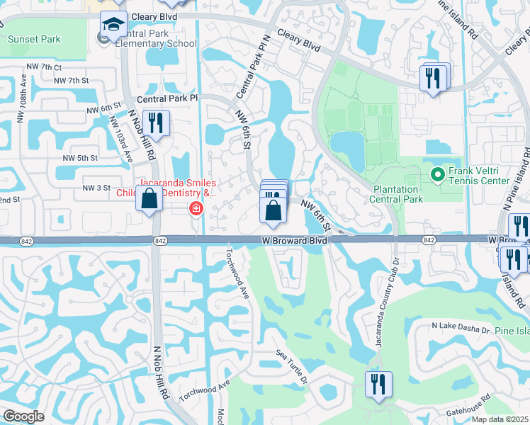 map of restaurants, bars, coffee shops, grocery stores, and more near 150 Northwest 98th Terrace in Plantation