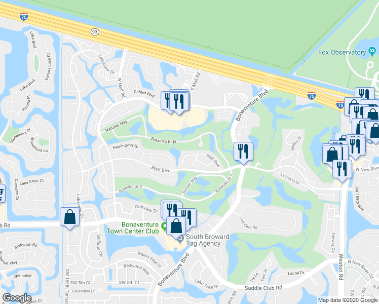 map of restaurants, bars, coffee shops, grocery stores, and more near 16551 Blatt Boulevard in Weston