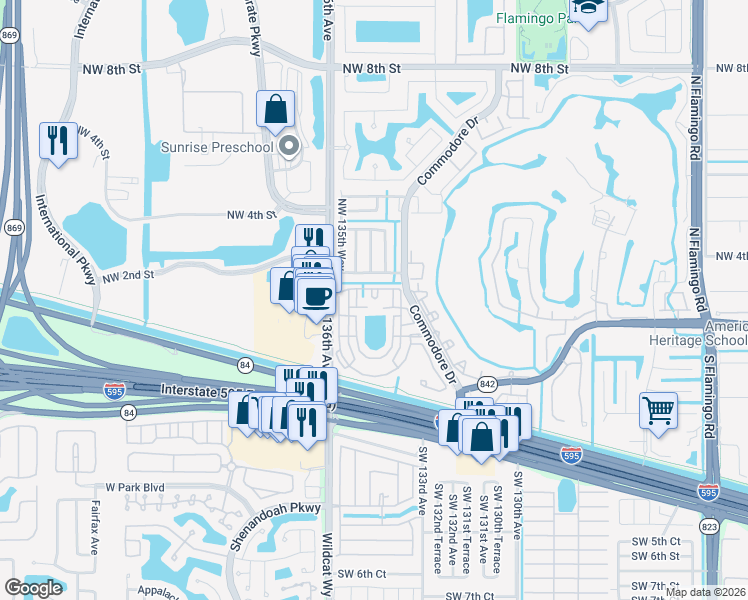 map of restaurants, bars, coffee shops, grocery stores, and more near 13500 Northwest 3rd Street in Plantation