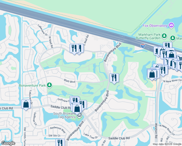 map of restaurants, bars, coffee shops, grocery stores, and more near 16511 Blatt Boulevard in Weston