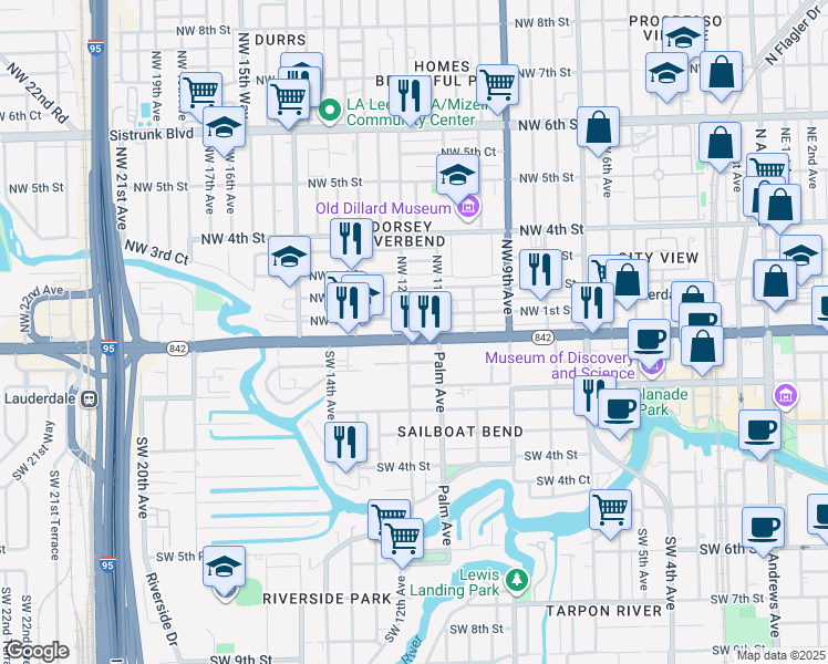 map of restaurants, bars, coffee shops, grocery stores, and more near 1175 West Broward Boulevard in Fort Lauderdale