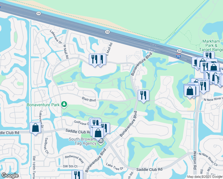 map of restaurants, bars, coffee shops, grocery stores, and more near 16511 Blatt Boulevard in Weston