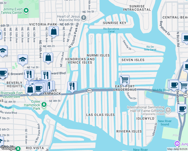 map of restaurants, bars, coffee shops, grocery stores, and more near 49 Fiesta Way in Fort Lauderdale