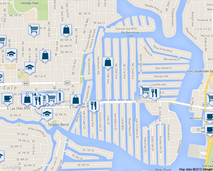 map of restaurants, bars, coffee shops, grocery stores, and more near 57 Isle of Venice Drive in Fort Lauderdale