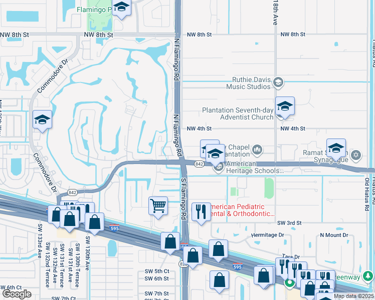 map of restaurants, bars, coffee shops, grocery stores, and more near 12350 Northwest 2nd Place in Plantation