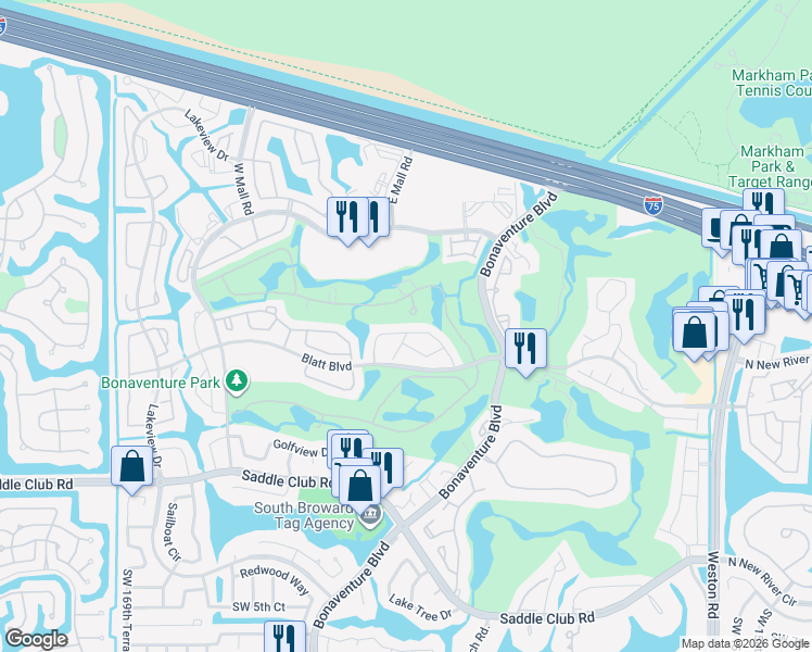 map of restaurants, bars, coffee shops, grocery stores, and more near 16511 Blatt Boulevard in Weston