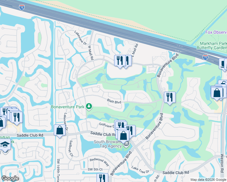 map of restaurants, bars, coffee shops, grocery stores, and more near 16663 Hemingway Drive in Weston