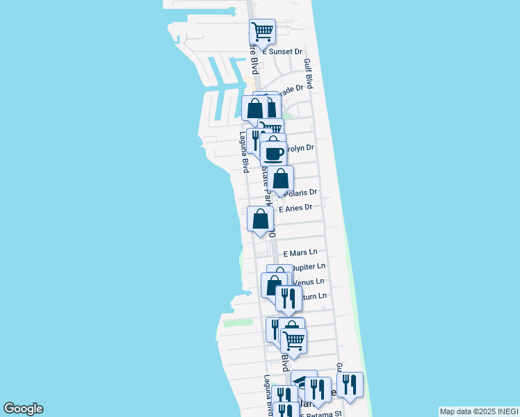 map of restaurants, bars, coffee shops, grocery stores, and more near 3 East Polaris Drive in South Padre Island