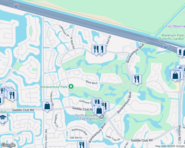 map of restaurants, bars, coffee shops, grocery stores, and more near 16663 Hemingway Drive in Weston