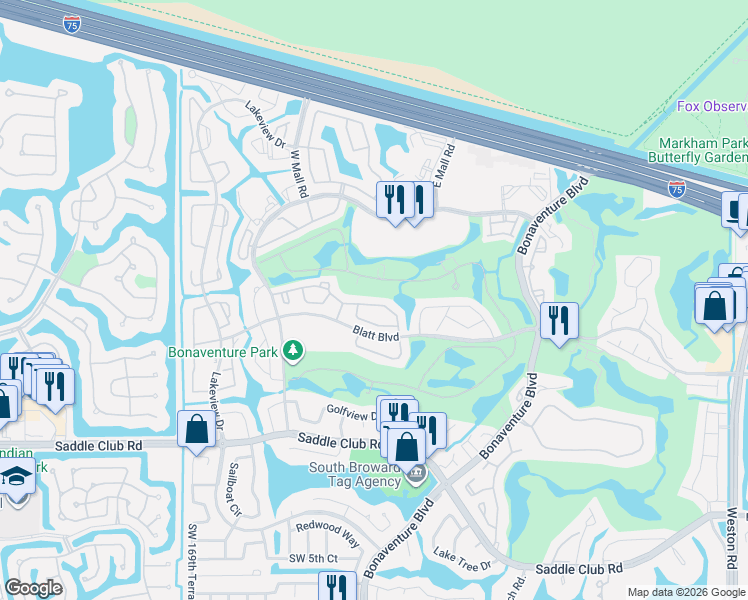 map of restaurants, bars, coffee shops, grocery stores, and more near 16663 Hemingway Drive in Weston