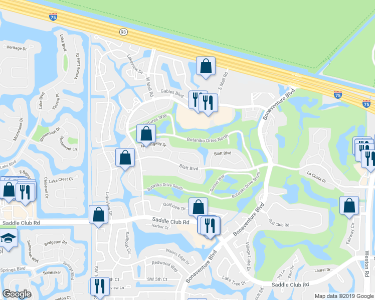 map of restaurants, bars, coffee shops, grocery stores, and more near 16679 Hemingway Drive in Weston