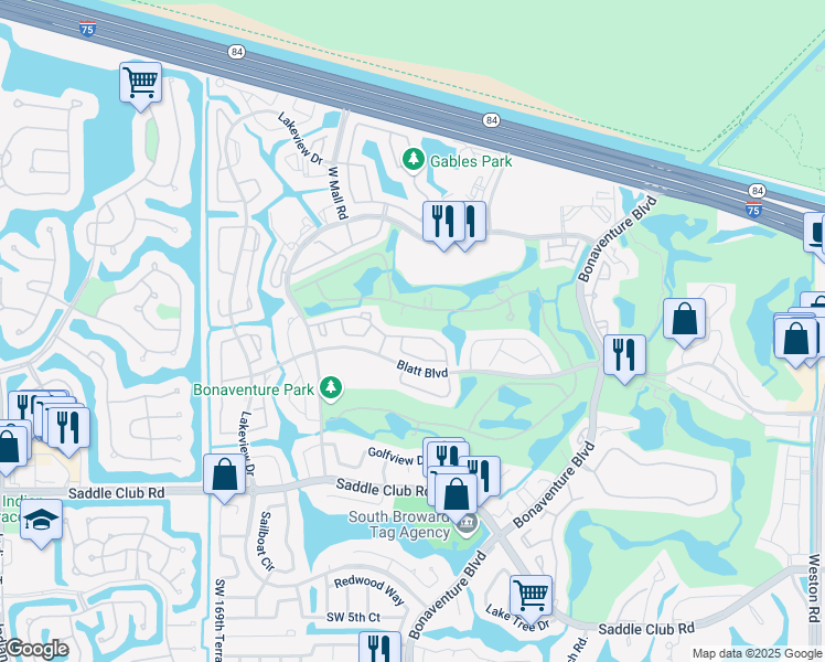 map of restaurants, bars, coffee shops, grocery stores, and more near 16689 Hemingway Drive in Weston
