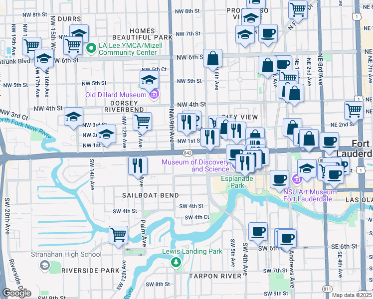 map of restaurants, bars, coffee shops, grocery stores, and more near 805 West Broward Boulevard in Fort Lauderdale