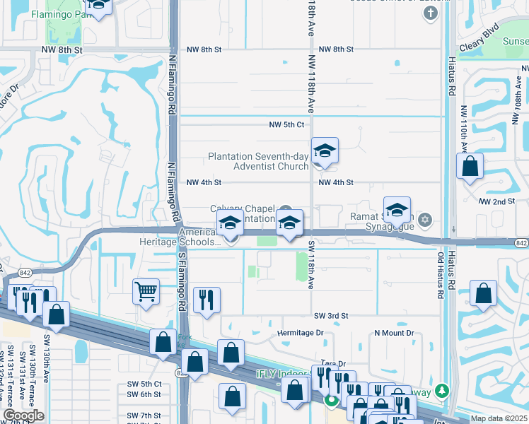 map of restaurants, bars, coffee shops, grocery stores, and more near 11901 Northwest 2nd Street in Plantation