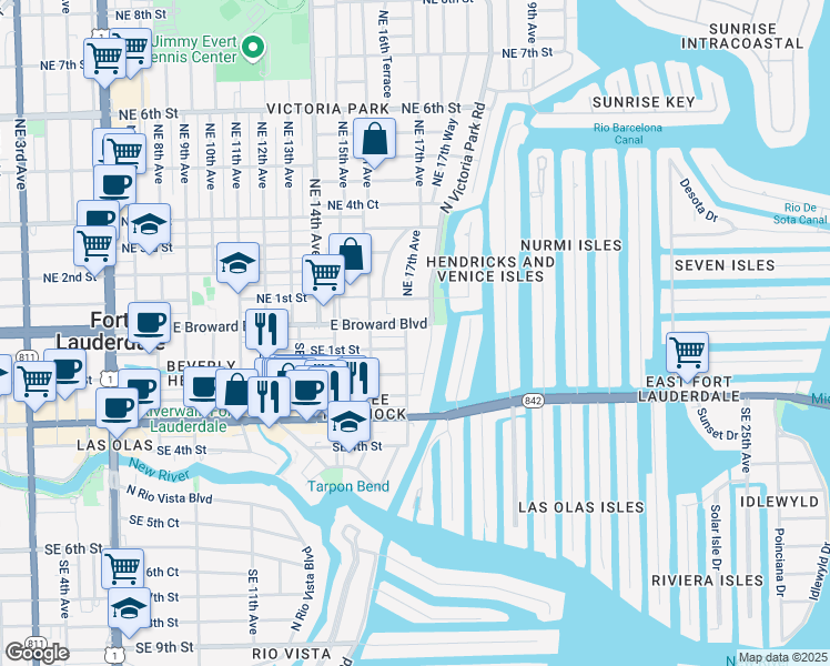 map of restaurants, bars, coffee shops, grocery stores, and more near 10 Southeast 17th Avenue in Fort Lauderdale