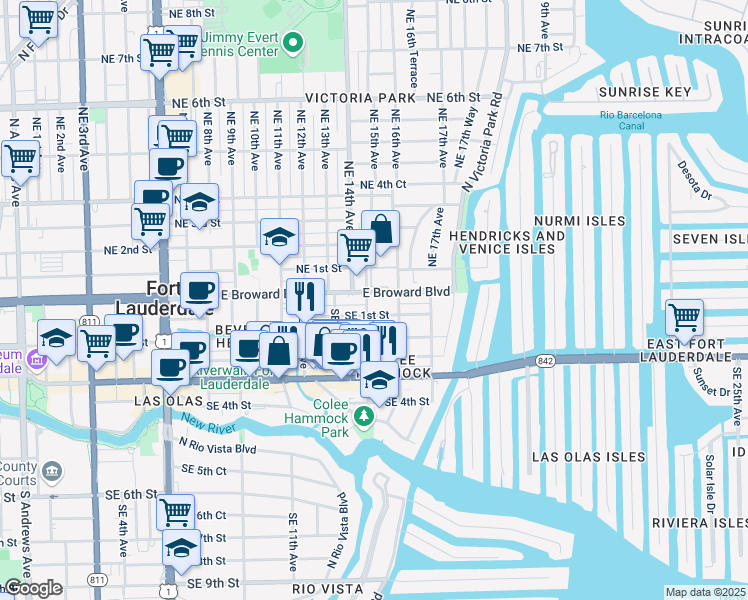 map of restaurants, bars, coffee shops, grocery stores, and more near 1500 East Broward Boulevard in Fort Lauderdale