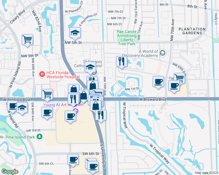 map of restaurants, bars, coffee shops, grocery stores, and more near 40 Northwest 75th Avenue in Plantation