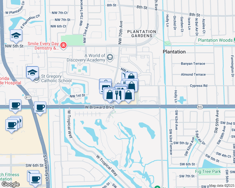 map of restaurants, bars, coffee shops, grocery stores, and more near 150 Northwest 70th Avenue in Plantation