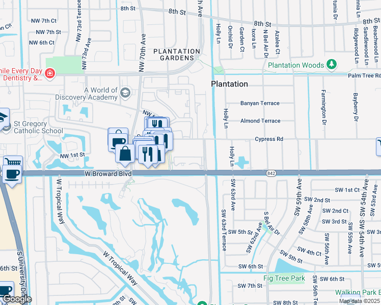 map of restaurants, bars, coffee shops, grocery stores, and more near 6600 Cypress Road in Plantation