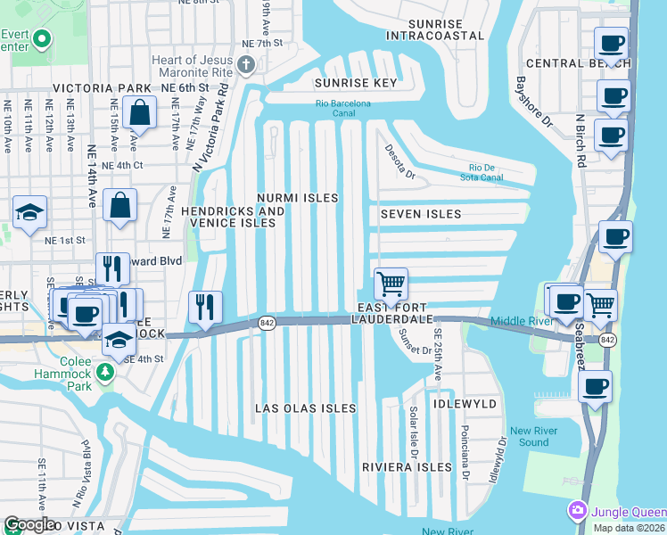 map of restaurants, bars, coffee shops, grocery stores, and more near 50 Nurmi Drive in Fort Lauderdale