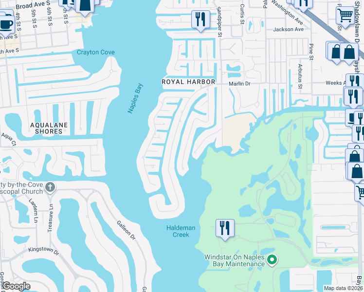 map of restaurants, bars, coffee shops, grocery stores, and more near 2160 Snook Drive in Naples