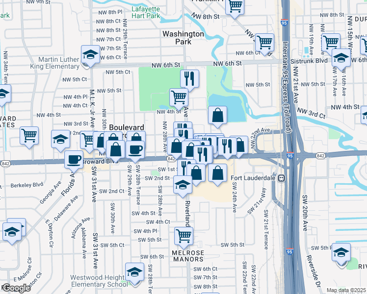 map of restaurants, bars, coffee shops, grocery stores, and more near 17 Northwest 27th Avenue in Fort Lauderdale