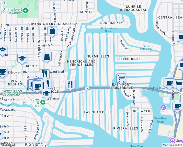 map of restaurants, bars, coffee shops, grocery stores, and more near 49 Fiesta Way in Fort Lauderdale