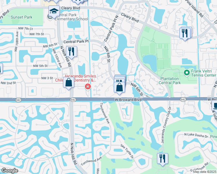 map of restaurants, bars, coffee shops, grocery stores, and more near 9829 Northwest 1st Court in Plantation
