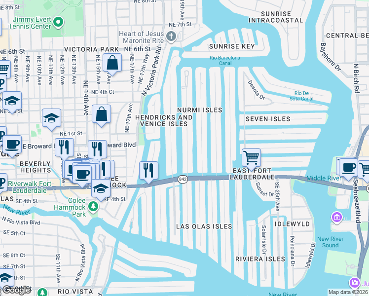 map of restaurants, bars, coffee shops, grocery stores, and more near 57 Isle of Venice Drive in Fort Lauderdale