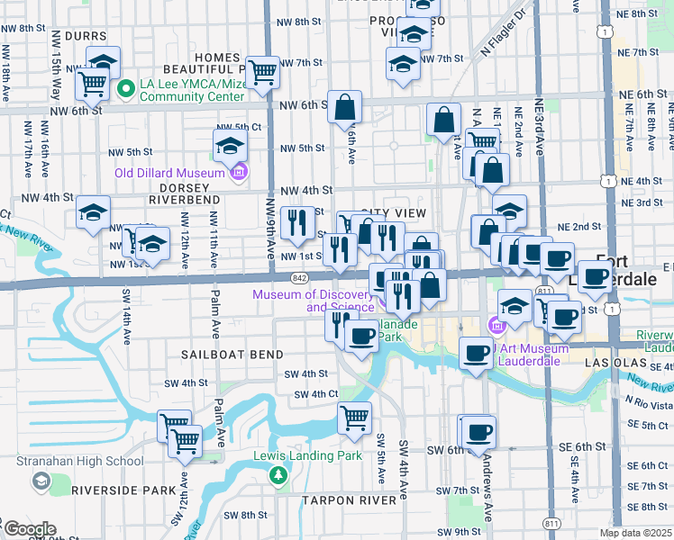 map of restaurants, bars, coffee shops, grocery stores, and more near 711 West Broward Boulevard in Fort Lauderdale
