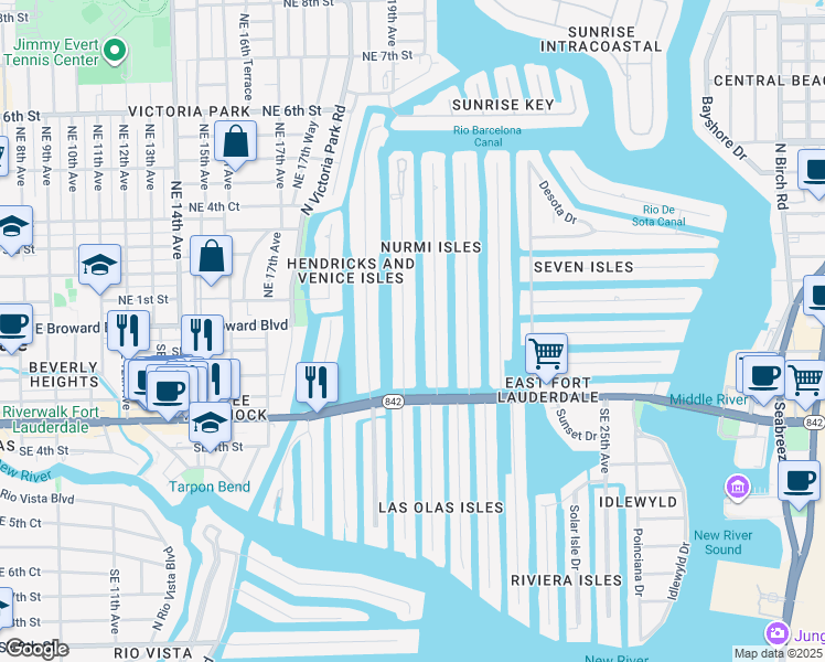 map of restaurants, bars, coffee shops, grocery stores, and more near 49 Fiesta Way in Fort Lauderdale